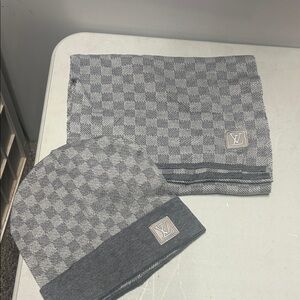 Louis Vuitton Gray Checkered Knit Beanie & Scarf Set with LV Patches